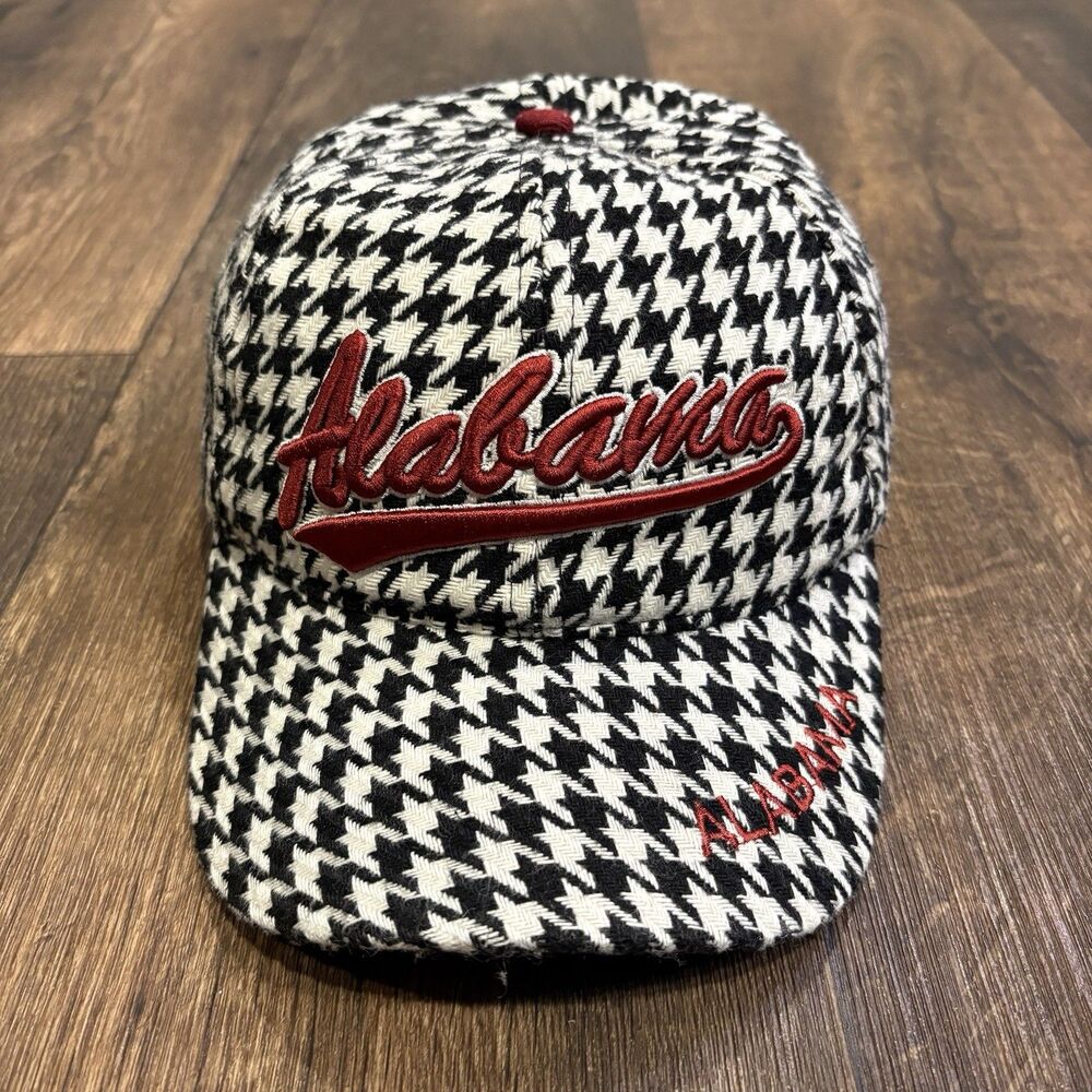 Alabama Crimson Tide Houndstooth Hat Cap Script Logo Red Embroidered One Size